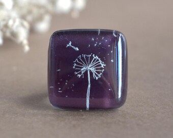 Dandelion Glass Ring, Chunky Hand Painted Fused Glass, Adjustable Band