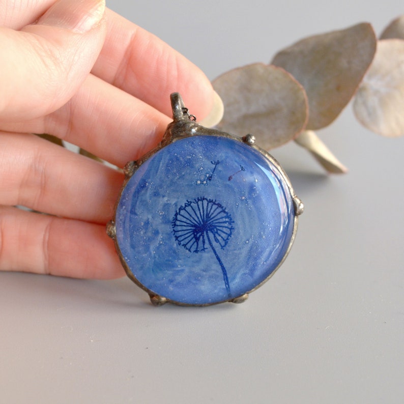 Blue dandelion necklace, Fused glass pendant, Unique art jewelry, Stained glass, Hand painted make a wish necklace, Nature gift for women image 7