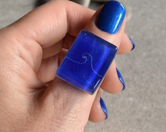 Ocean Wave Ring in Royal Blue, Handmade Jewelry of Fused Glass with Adjustable Band