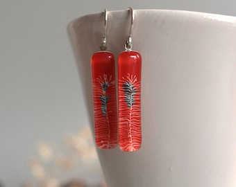 Red fern earrings, Long fused glass dangle earrings, Unique jewelry crimson red, Sterling silver, Original jewelry gift for wife or friend