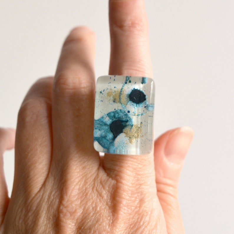 Big aqua blue fused glass ring, Adjustable abstract statement ring, Chunky rings for women, Unique gift for sister, Gifts under 50 image 2