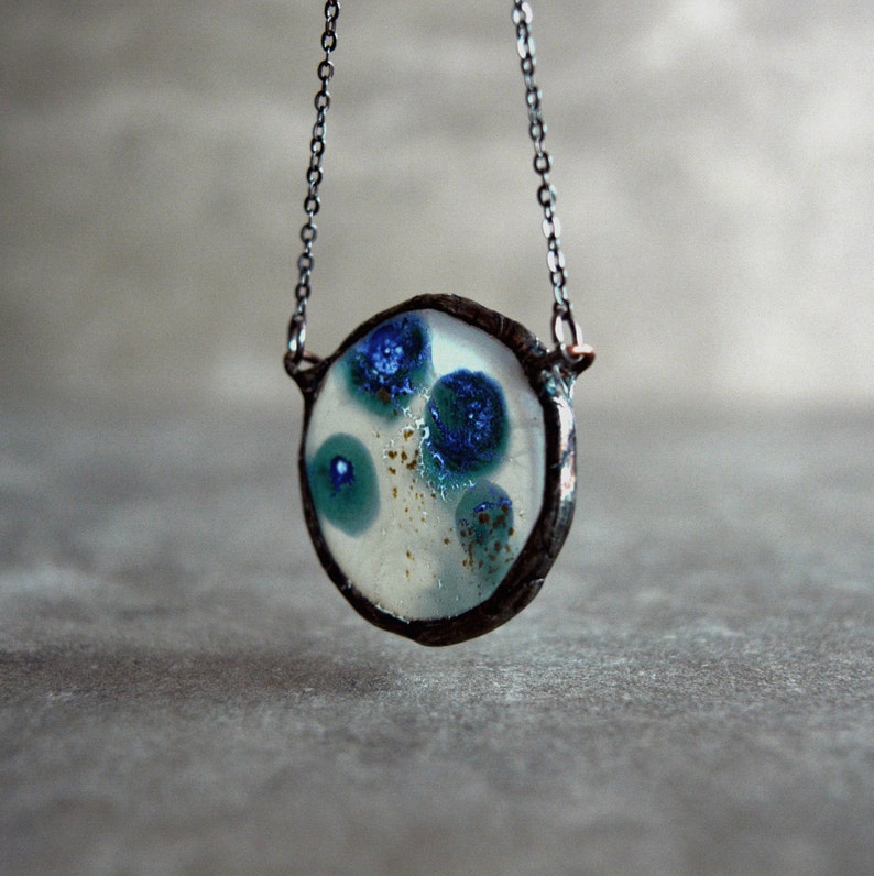 Unique gifts for women Turquoise full moon necklace Handpainted with enamels Stained glass jewelry