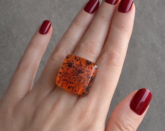 Abstract Ring In Autumn Colors, Hand-Painted Glass. Adjustable Band