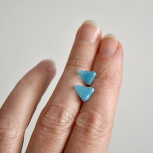 Turquoise triangle earrings, Enamel glass and sterling silver posts, Small earrings stud image 2