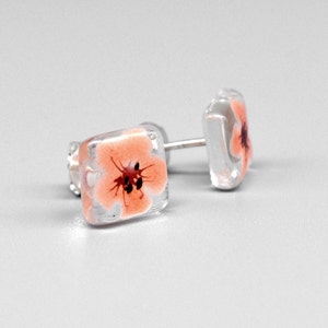 Sakura stud earrings, Peach pink cherry blossom, Hand painted flower on glass, Unique enamel earrings, Sterling silver, Floral gifts for her image 1