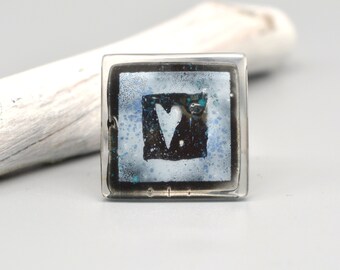 Square heart ring black and white, Hand painted enamel glass jewelry, Oversized ring, Sustainable Valentines gift for women