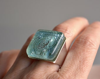 Chunky glass ring aqua green, Wide band adjustable size, Bold statement ring, Unique gift for girl friend, Gifts under 50