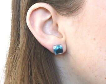 Turquoise blue glass earrings studs, Recycled glass and sterling silver, Unique small earrings, Handcrafted artisan gift for her