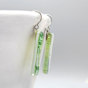 Green fused glass earrings dangles, Sterling Silver, Colorful rectangle bar earrings, Unique jewelry Gift Under 50 for Sister, Eco gifts image 3