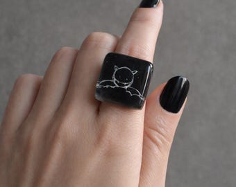 Black Bat Ring, Halloween Jewelry, Whimsical Modern Style