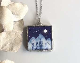 Mountain and pine trees necklace, Unique gift for wife, Stained glass pendant, Bohemian jewelry, Gifts under 50 for sister