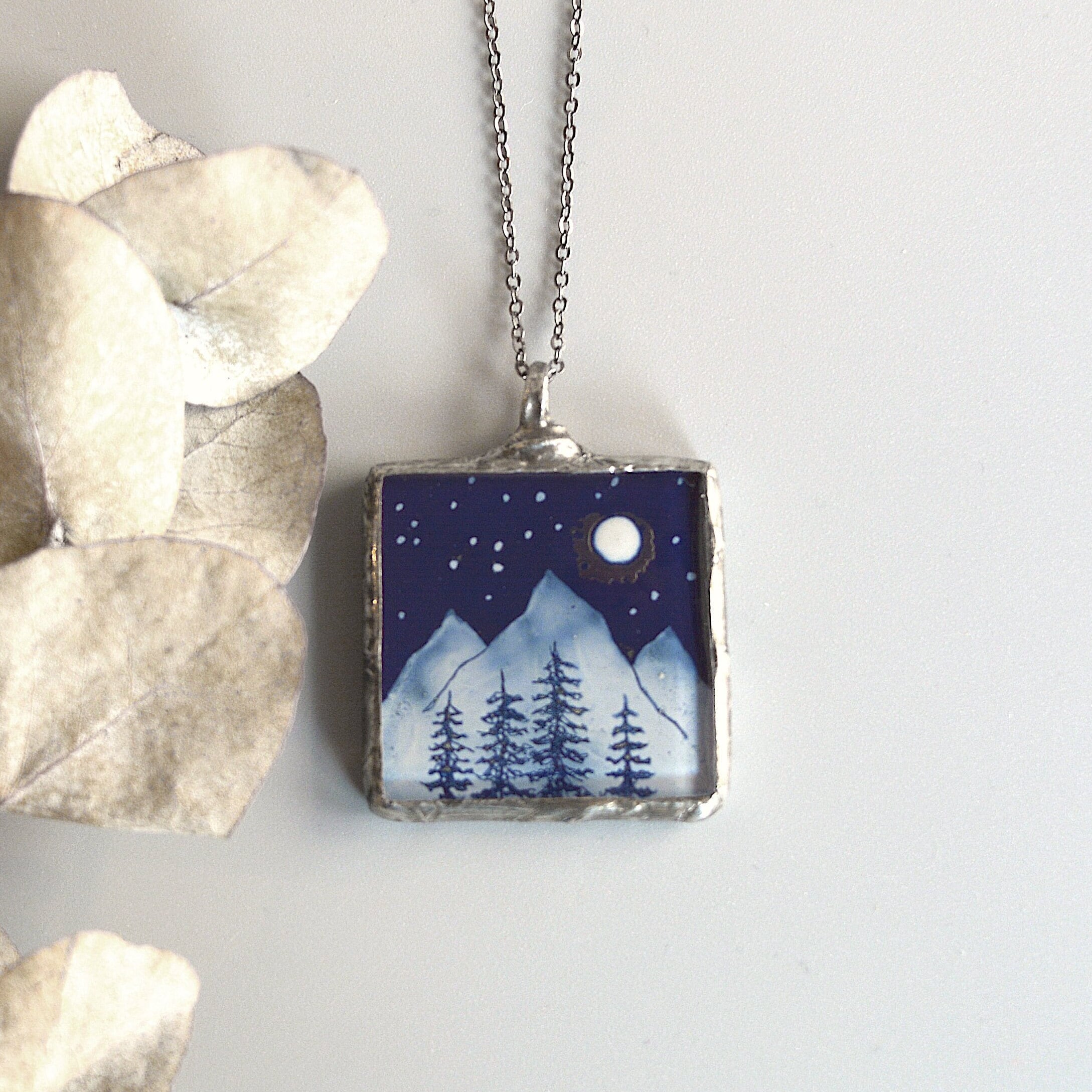 Mountain and Pine Trees Necklace, Unique Gift for Wife, Stained