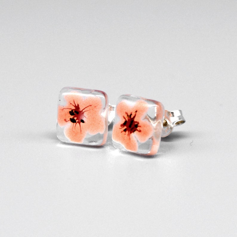 Sakura stud earrings, Peach pink cherry blossom, Hand painted flower on glass, Unique enamel earrings, Sterling silver, Floral gifts for her image 5