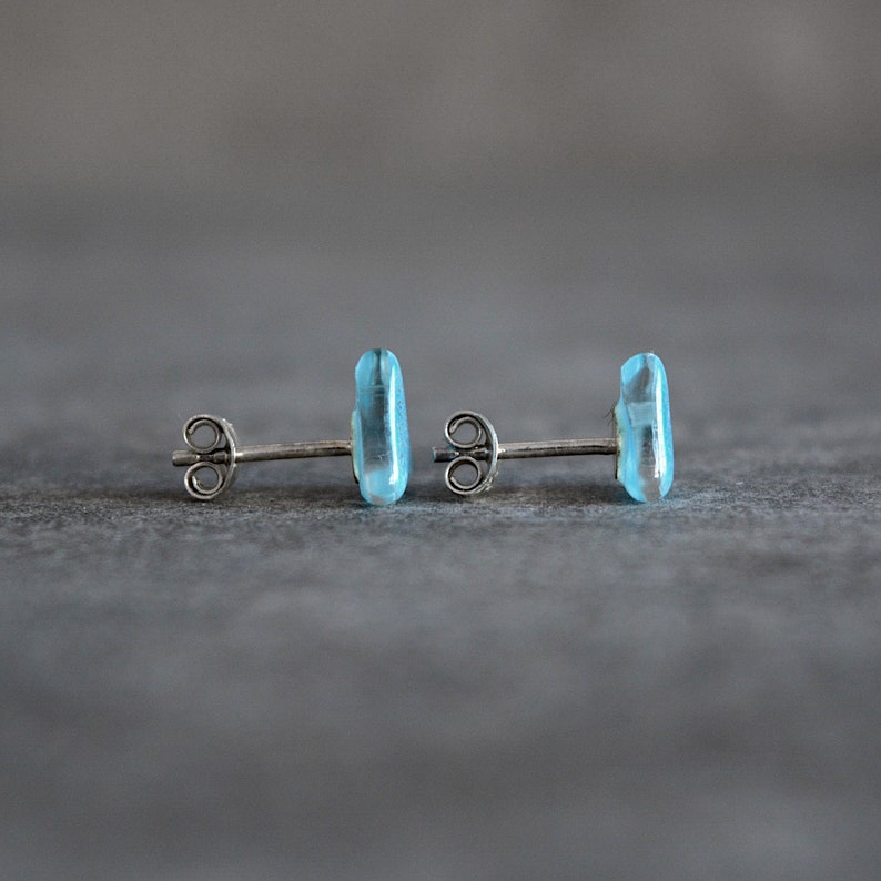 Turquoise triangle earrings, Enamel glass and sterling silver posts, Small earrings stud image 7