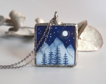 Mountain and pine trees necklace, Unique gift for wife, Stained glass pendant, Bohemian jewelry, Gifts under 50 for sister