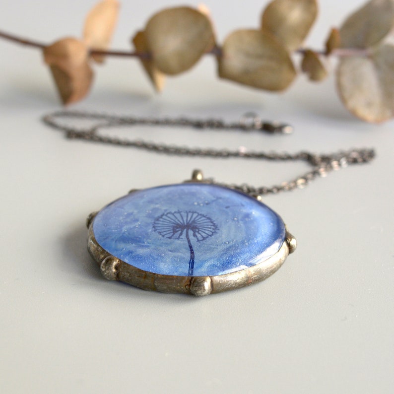 Blue dandelion necklace, Fused glass pendant, Unique art jewelry, Stained glass, Hand painted make a wish necklace, Nature gift for women image 8