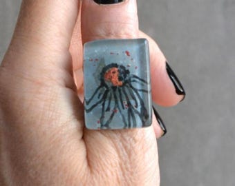 Blue-Gray Daisy Ring, Bold Rectangle Glass Cabochon, Whimsical Hand Painted Flower Gift
