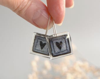 Black Heart Earrings, Hand Painted Glass and Sterling Silver Hooks