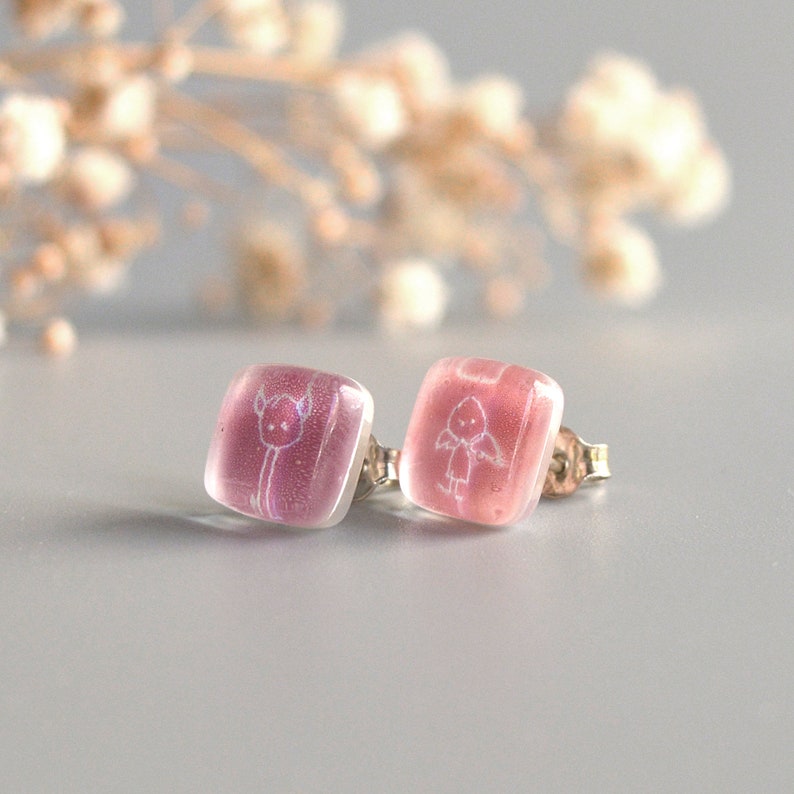 Fun earrings with devil and angel, Pink quirky stud earrings, Sterling silver and fused glass, Unique gift for friend, Gifts under 50 image 7