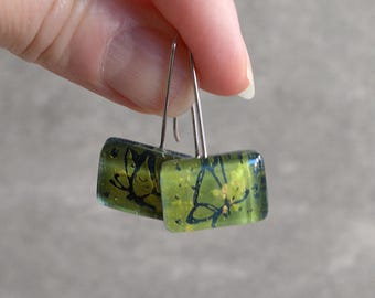 Hand Painted Green Glass Butterfly Earrings Sterling Silver Threader, Artisan Jewelry