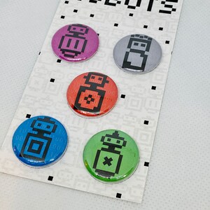 8-Bit Fun! Set of 1&quot; Robot Pins/Buttons or Magnets - Vintage Robot, Robots,, Robot Buttons, Pixel, Pixelate, Retro Graphics, Gaming