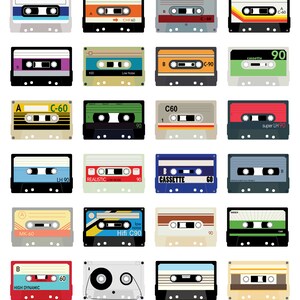 May include: A collection of colorful cassette tapes with various labels and designs. The tapes feature a range of colors, including orange, blue, green, and yellow. Some tapes have text like "Studio Quality" and "C60".