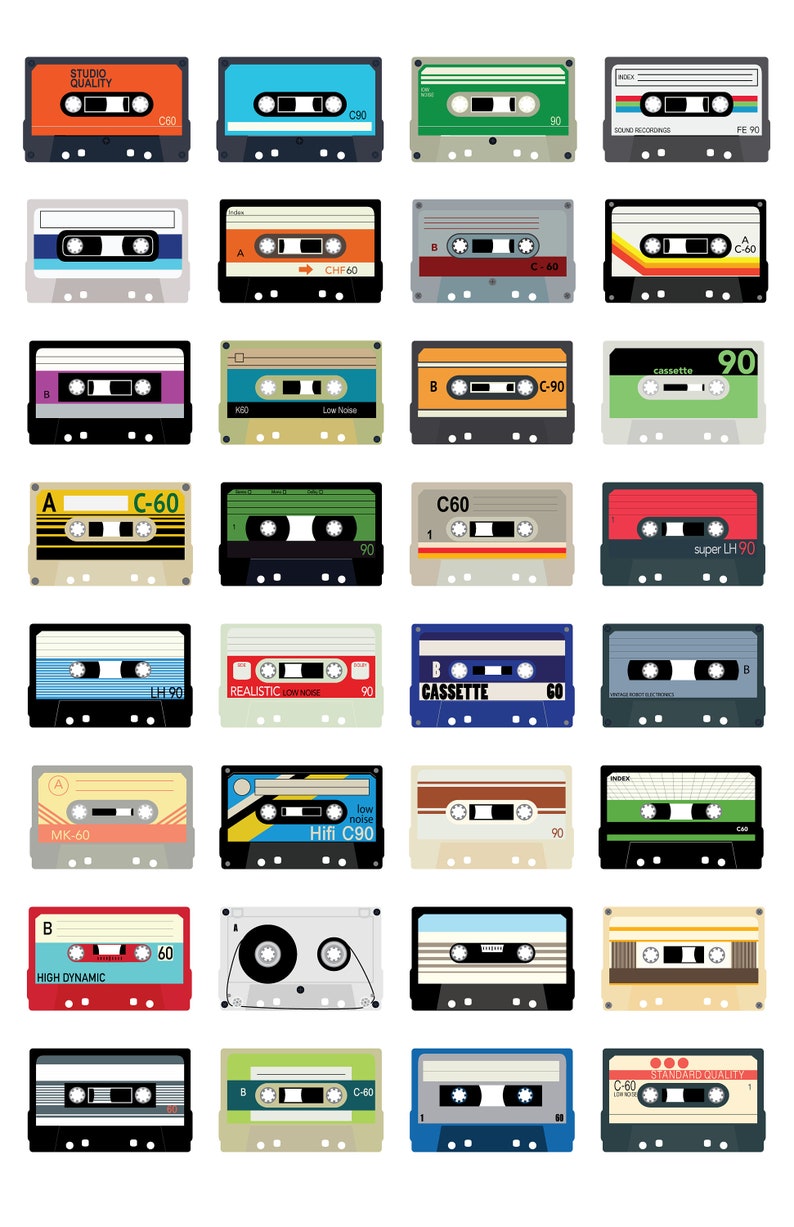 May include: A collection of colorful cassette tapes with various labels and designs. The tapes feature a range of colors, including orange, blue, green, and yellow. Some tapes have text like "Studio Quality" and "C60".