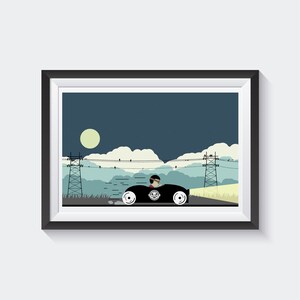 May include: A framed illustration of a black race car speeding down a road at night. The car has white wheels and a skull emblem. The background features a dark blue sky, a full moon, and power lines.