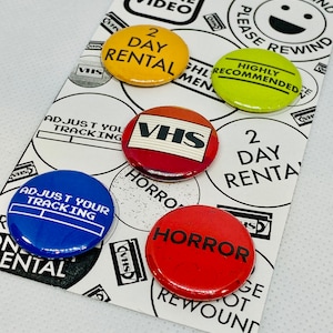 Let&#39;s Explore The Video Store! Set of 1&quot; Pins/Buttons or Magnets - Vintage Robot, Video, Movie Rental, VHS, Movie, Home Video, Movies, Retro