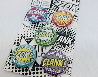 Comic Book Action Word Buttons or Magnets - Set of 5