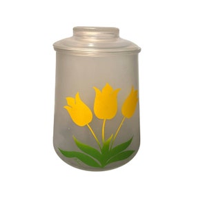 Vintage Glass Bartlett Collins Cookie Jar, Yellow Tulips Design, 1960s Kitchen Storage, Frosted Glass Mid Century Style Cookie Jar w Lid
