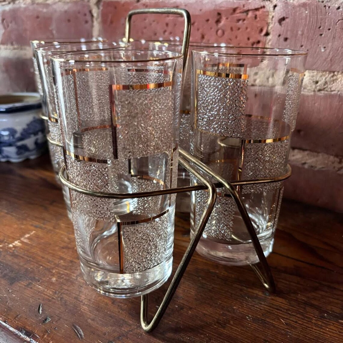 Set of 6 Vintage Gold Drinking Glasses Tumblers With Gold Caddy - Etsy