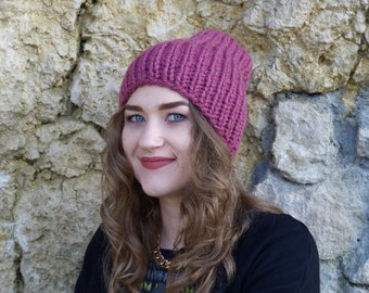 boho knitted hat handmade yarn beanie dirty pink wool