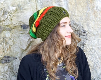 knitted hat handmade beanie  yarn rasta hippie reagge khaki