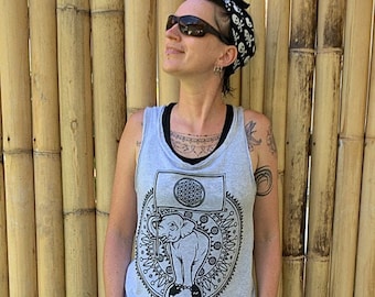 light grey tank top with elephant and mandala/ sleeveless shirt/ etno tank top/ hippie summer top