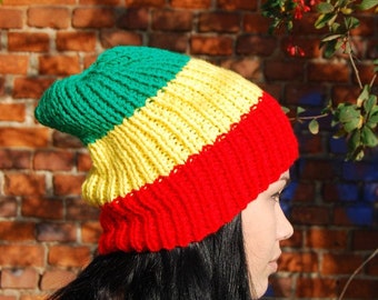 chapeau tricoté bonnet fait main fil rasta hippie reagge