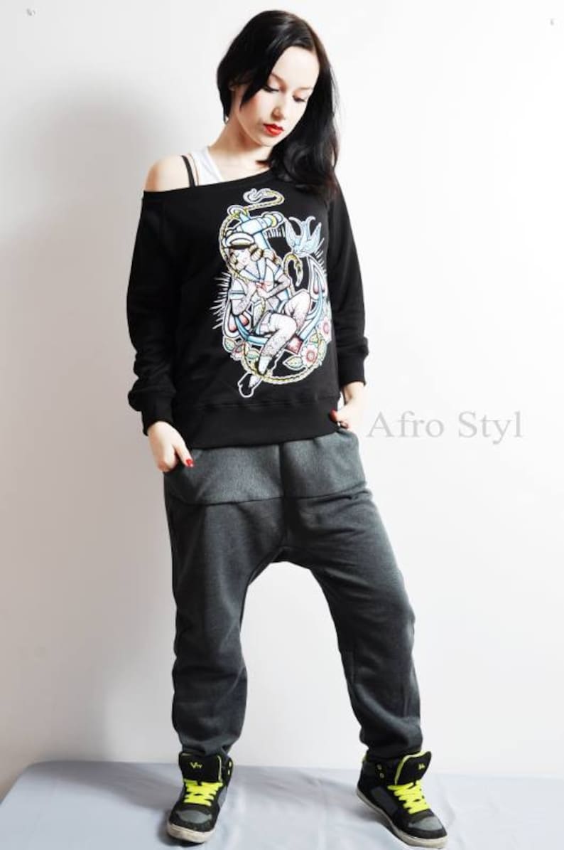 dark gray baggy trousers drop crotch pants sweatpants tracksuit harem pants