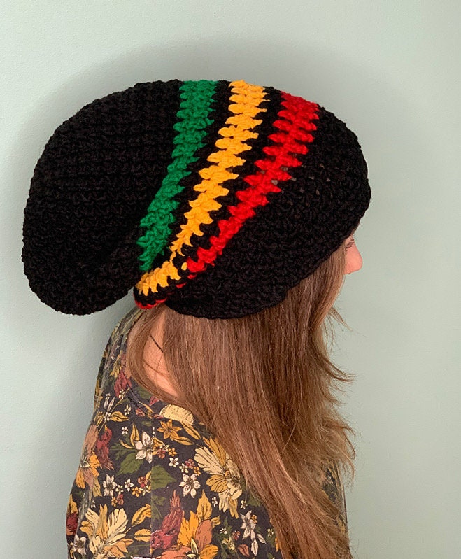 Dreads Boho Rasta Crochet Hat Handmade Yarn Beanie Black Wool