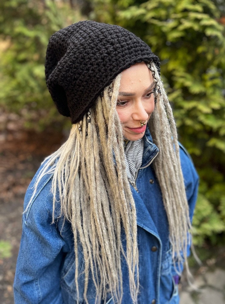 Dreads Boho Crochet Hat Handmade Yarn Beanie Black Wool Mutze Cap