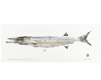 Gyotaku Fish Print - Barracuda - Limited Edition Art by Maui Artist Debra Lumpkins