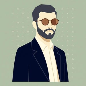 May include: A digital illustration of a person with a dark beard, wearing round brown sunglasses, a white collared shirt, and a dark navy blue blazer. The background is a muted sage green color featuring a repeating pattern of small dots and arches.