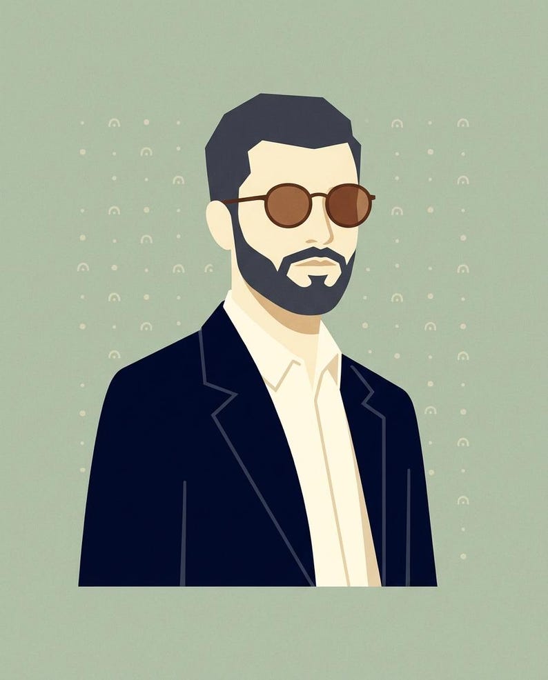 May include: A digital illustration of a person with a dark beard, wearing round brown sunglasses, a white collared shirt, and a dark navy blue blazer. The background is a muted sage green color featuring a repeating pattern of small dots and arches.
