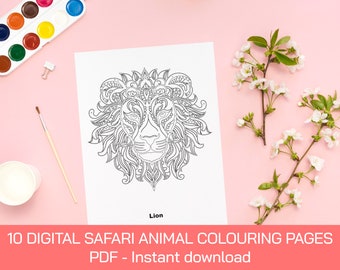 10 safari Animal colouring digital pages Instant Download printable colouring book for kids and adults