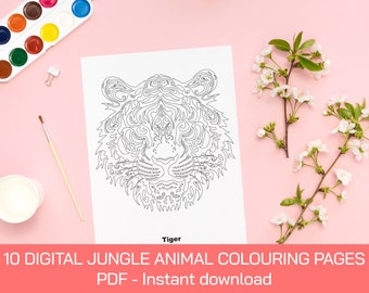 10 Jungle Animal colouring digital pages Instant Download printable colouring book for  kids and adults