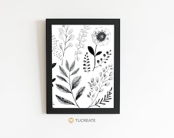 Floral Art Print black and white | PRINTABLE Leaves Floral | Wall Decor Digital Download | Tucreate Prints | A5 A4 A3 | #0010