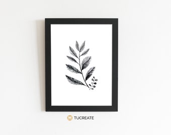 Floral Art Print black and white | PRINTABLE Leaves Floral | Wall Decor Digital Download | Tucreate Prints | A5 A4 A3 | #0011