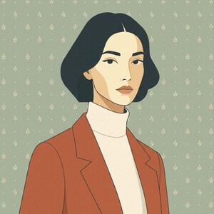 May include: A digital illustration of a person with dark hair in a bob cut, wearing a cream-colored turtleneck sweater under a rust-orange blazer. The subject is positioned against a sage green background featuring a repeating white leaf pattern.