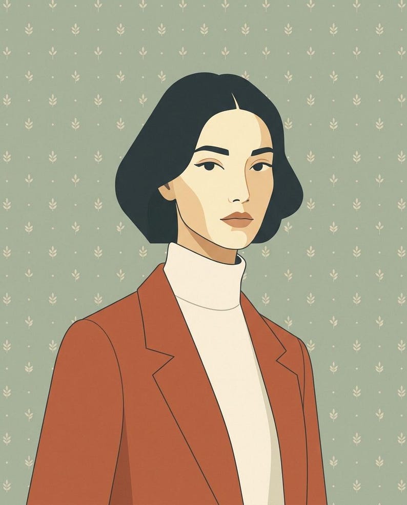 May include: A digital illustration of a person with dark hair in a bob cut, wearing a cream-colored turtleneck sweater under a rust-orange blazer. The subject is positioned against a sage green background featuring a repeating white leaf pattern.