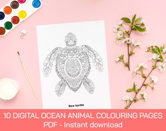 10 ocean Animal colouring digital pages Instant Download printable colouring book for  kids and adults