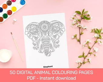 50 páginas digitales para colorear animales Descarga instantánea de libro para colorear imprimible para niños y adultos